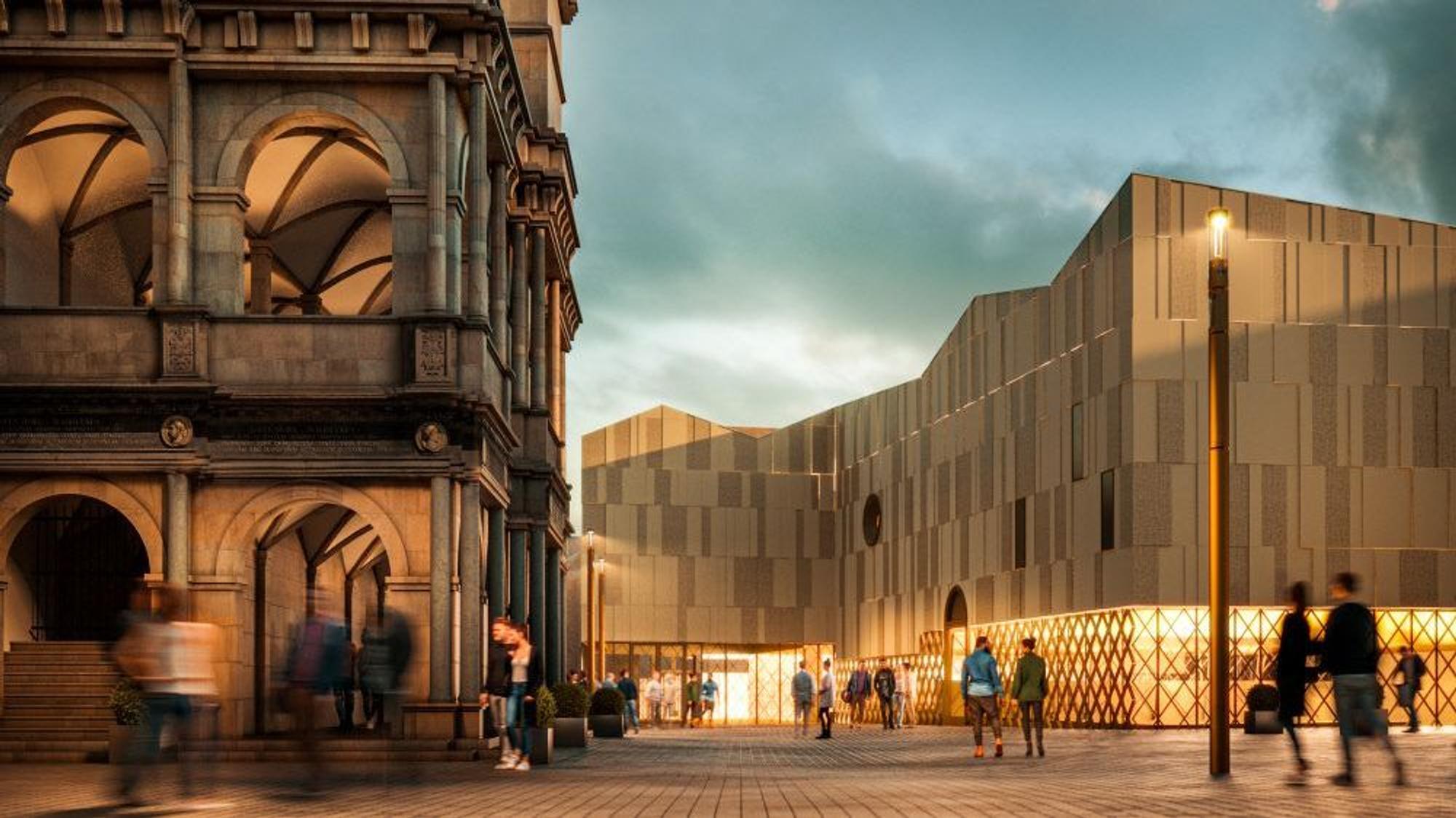 Rechts in der Visualisierung ist das neue Miqua zu sehen, links das Historische Rathaus.