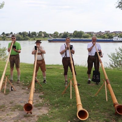 Das Bild zeigt fünf Männer, die Alphorn spielen und am Rheinufer stehen