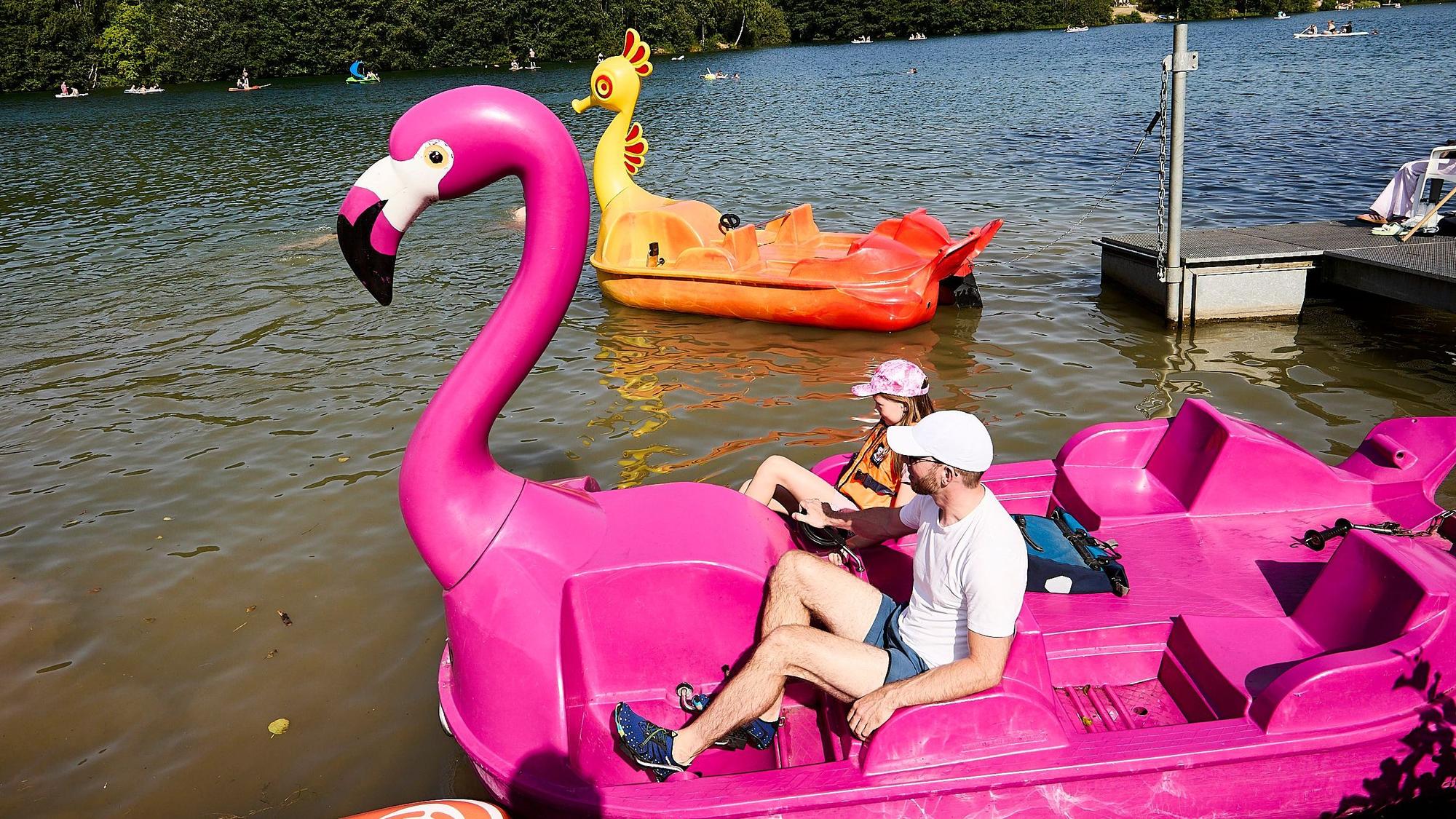 Ein Tretboot in der Form eines rosa Flamingos ist mit einem Vater und seiner kleinen Tochter besetzt.