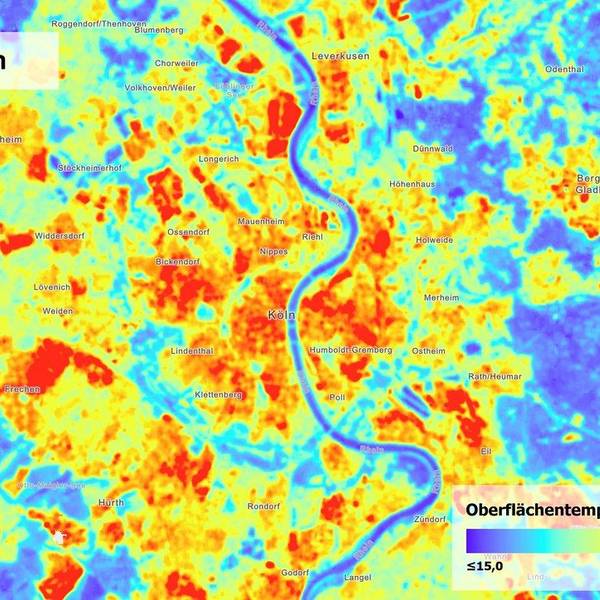 Eine Karte des DLR zeigt die Oberflächentemperatur im Großraum Köln. Bis zu 45 Grad (rot) werden dabei erreicht.