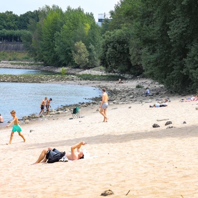 14.08.2025, Nordrhein-Westfalen, Düsseldorf: Menschen sitzen am Paradiesstrand am Rhein. In der nordrhein-westfälischen Landeshauptstadt gilt ab heute ein Badeverbot im Rhein.