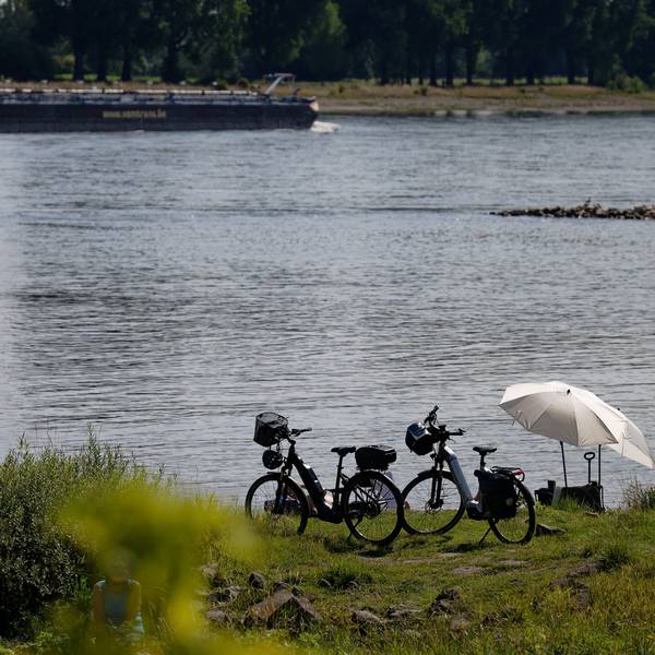 10.08.2025, Nordrhein-Westfalen, Köln: Fahrräder und Sonnenschirme stehen am Rheinufer bei Köln-Langel. Foto: Henning Kaiser/dpa +++ dpa-Bildfunk +++