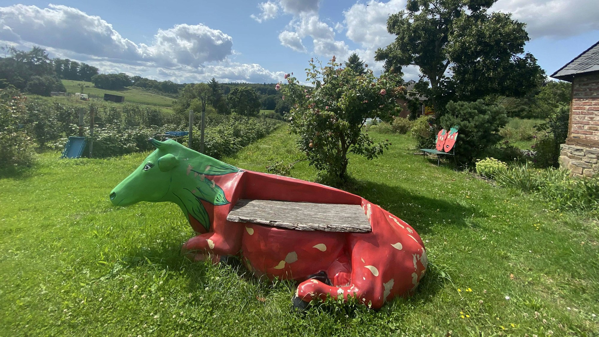 Schönes Plätzchen mit Aussicht: Am Queckenberger Obst- und Gemüsehof der Familie Früh thront die Sitzbank in Form einer Kuh.