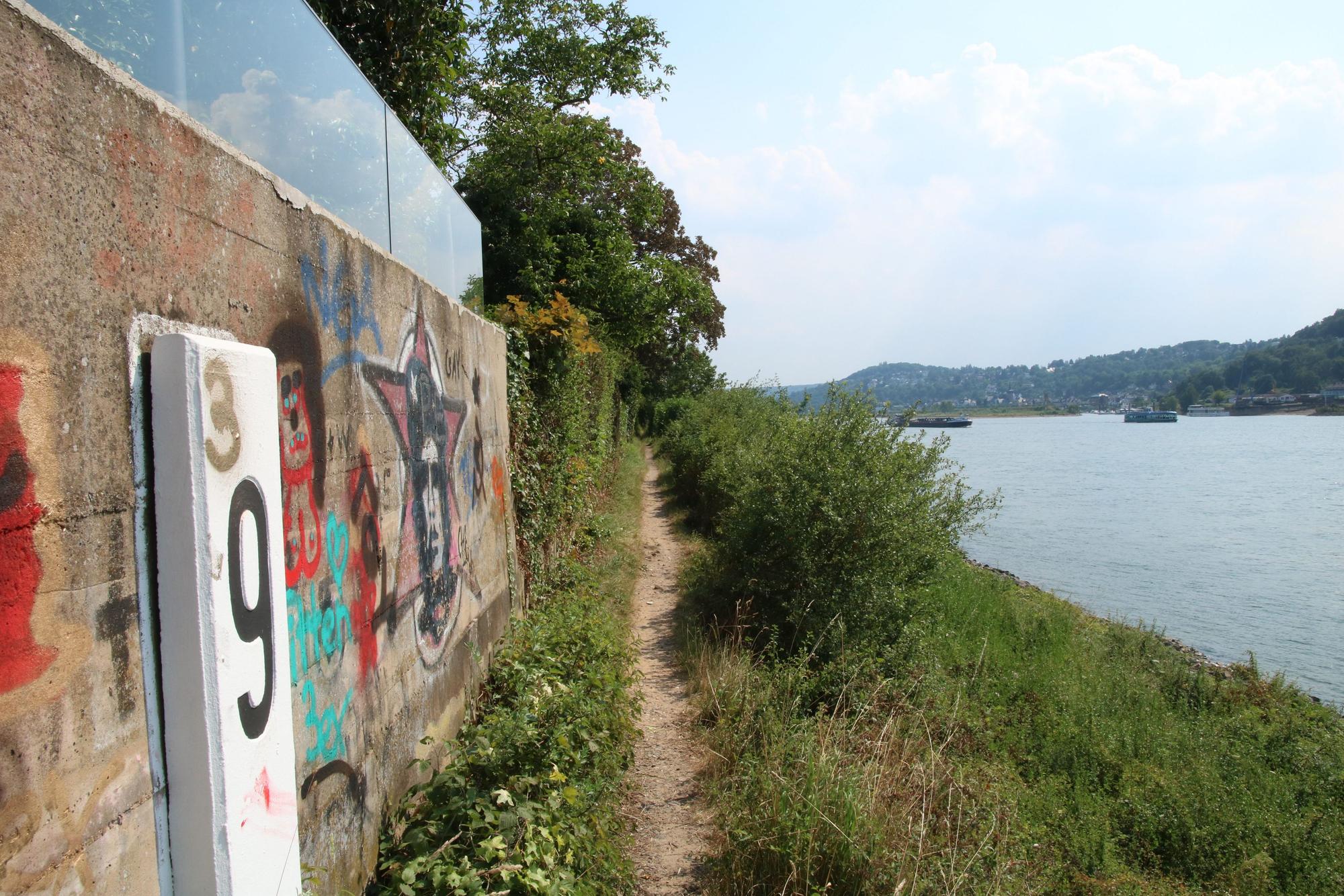 Ein schmaler Pfad, links eine Mauer mit Graffiti, rechts die Böschung zum Rhein.