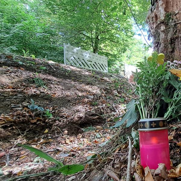 An einem Baum unterhalb der Dürschtalstraß liegen Kerzen und Blumen. An dem Baum starben in der Nacht zu Samstag (16.8.) vier jungen Menschen bei einem Autounfall.