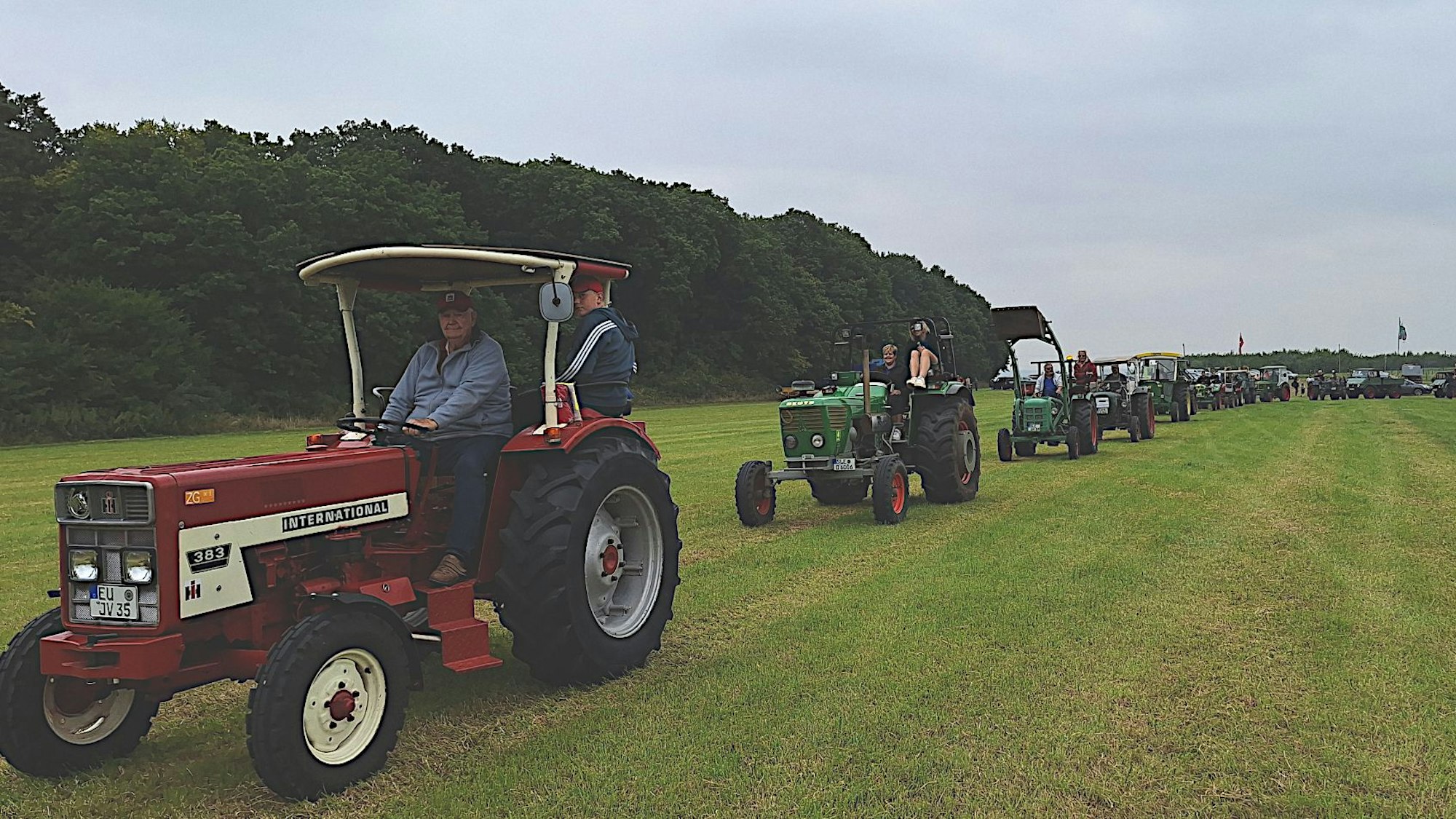 Eine Reihe alter Traktoren fährt über eine Wiese.