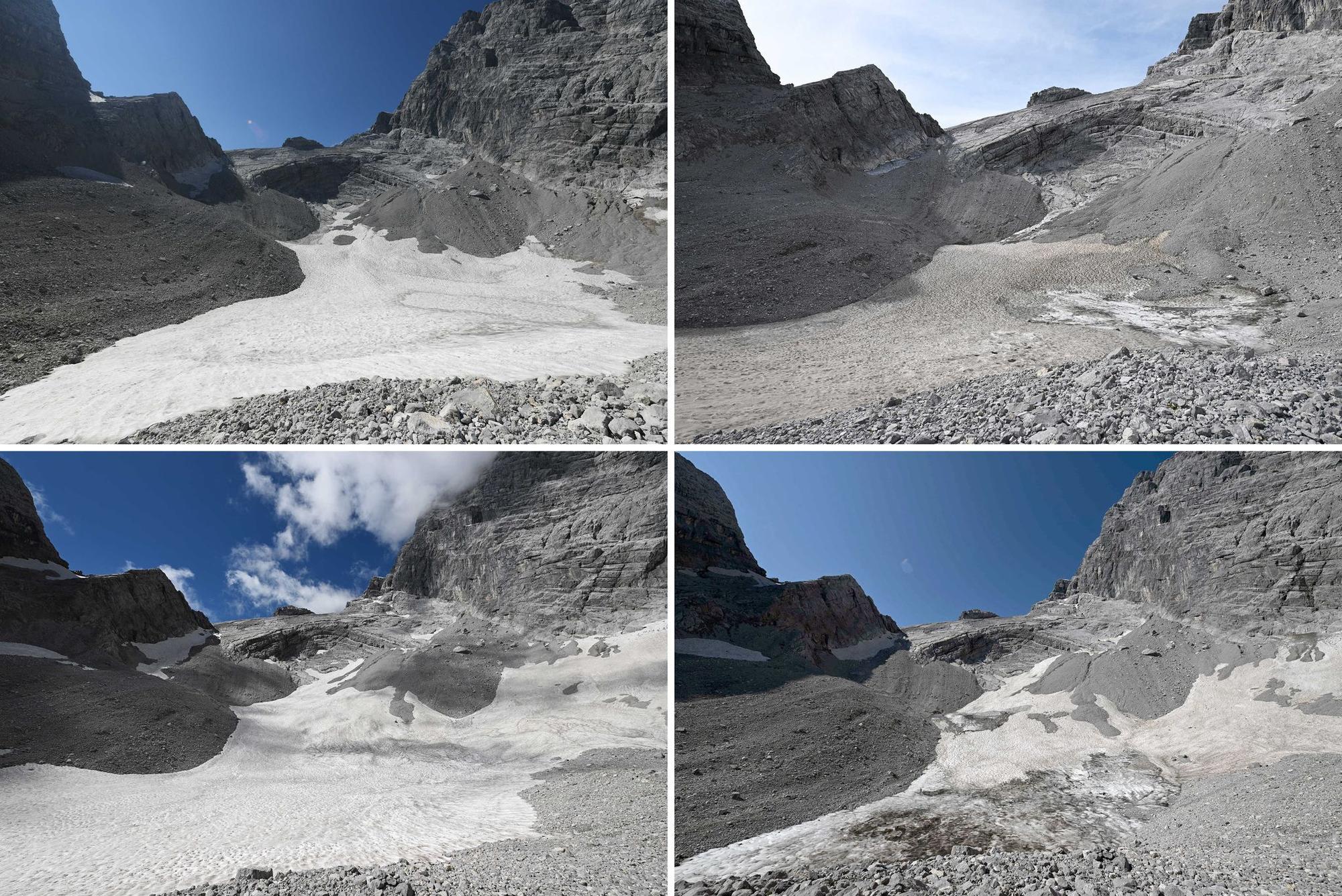 Der Watzmanngletscher in den Jahren 2021 bis 2024 (von links nach rechts in zwei Zeilen).