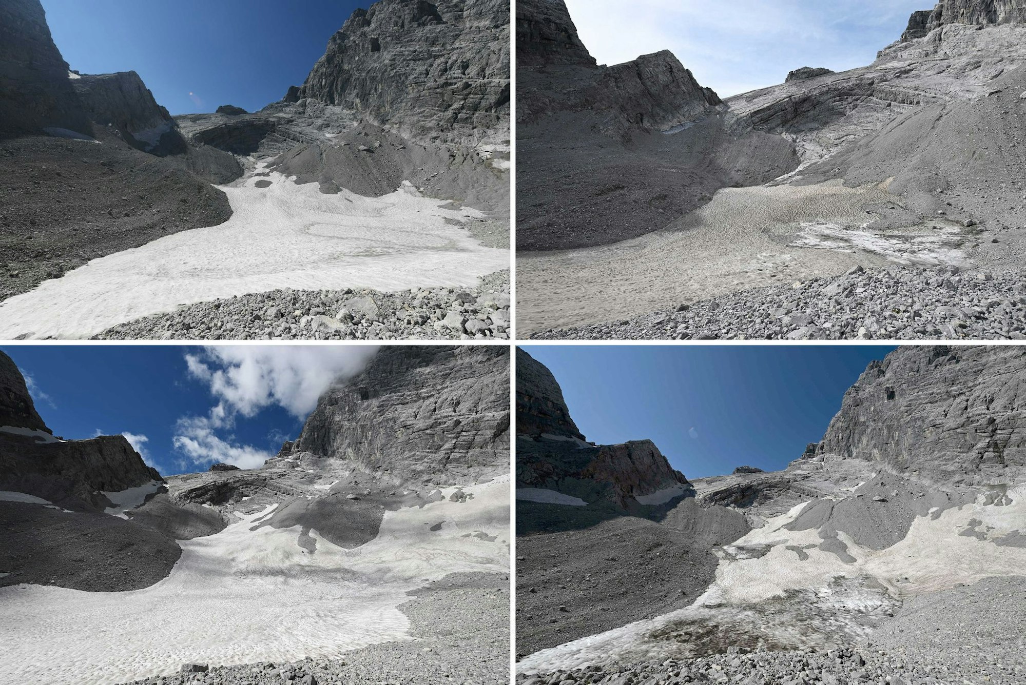 Der Watzmanngletscher in den Jahren 2021 bis 2024 (von links nach rechts in zwei Zeilen).