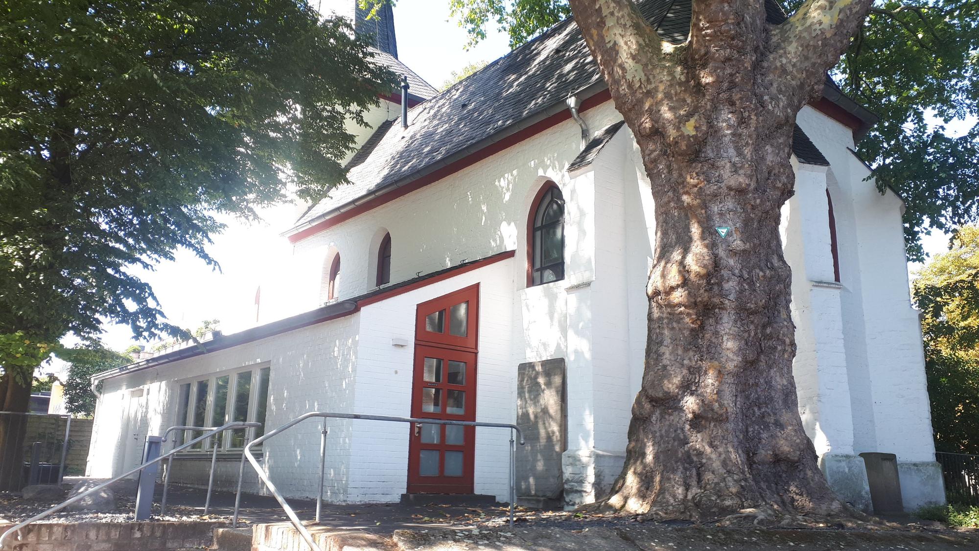 Eine weiß getünchte kleine Kirche steht hinter einem mächtigen alten Baum.