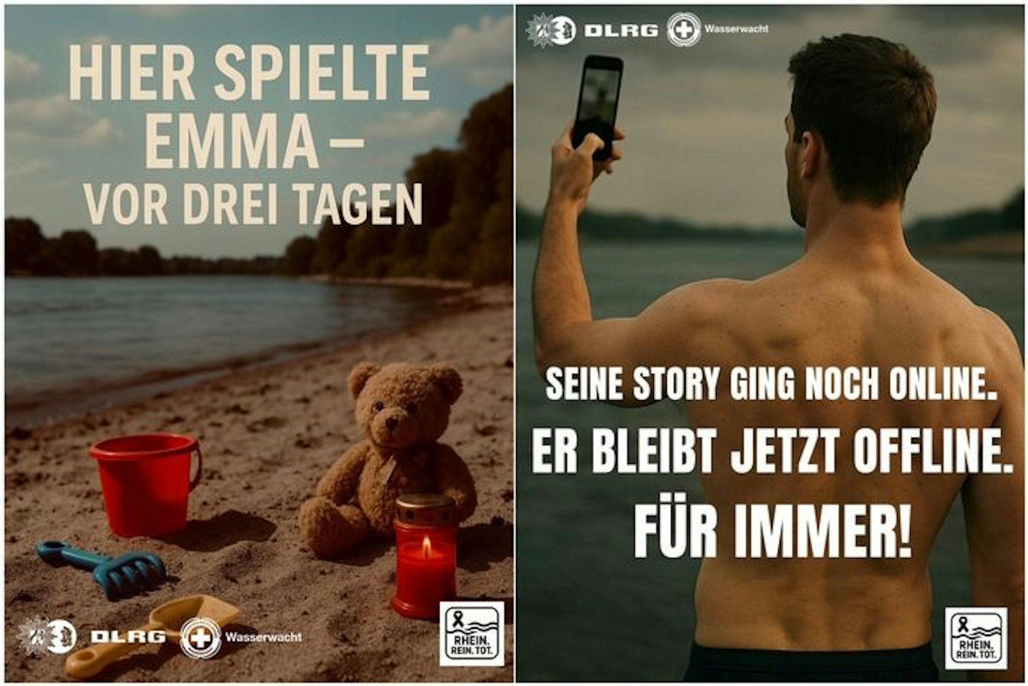 Das Bild zeigt zwei Plakate, die auf die Gefahren im Rhein hinweisen.