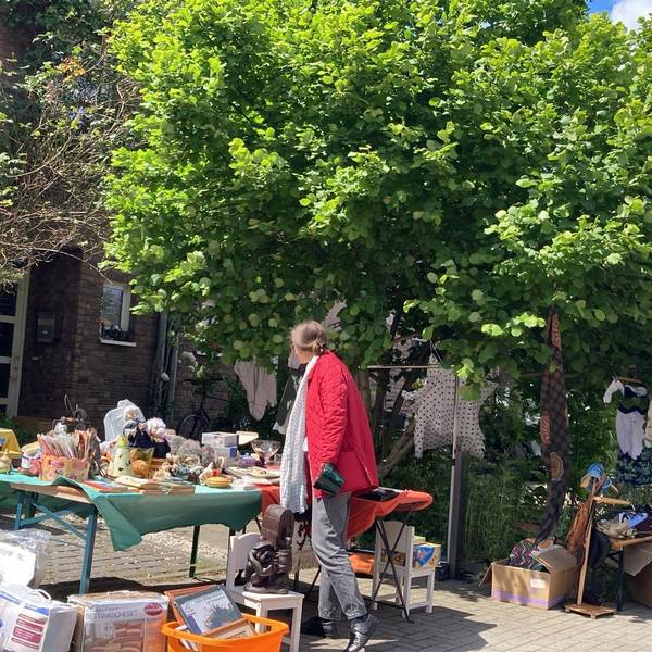 Eine Kundin schaut sich einen Flohmarktstand an.