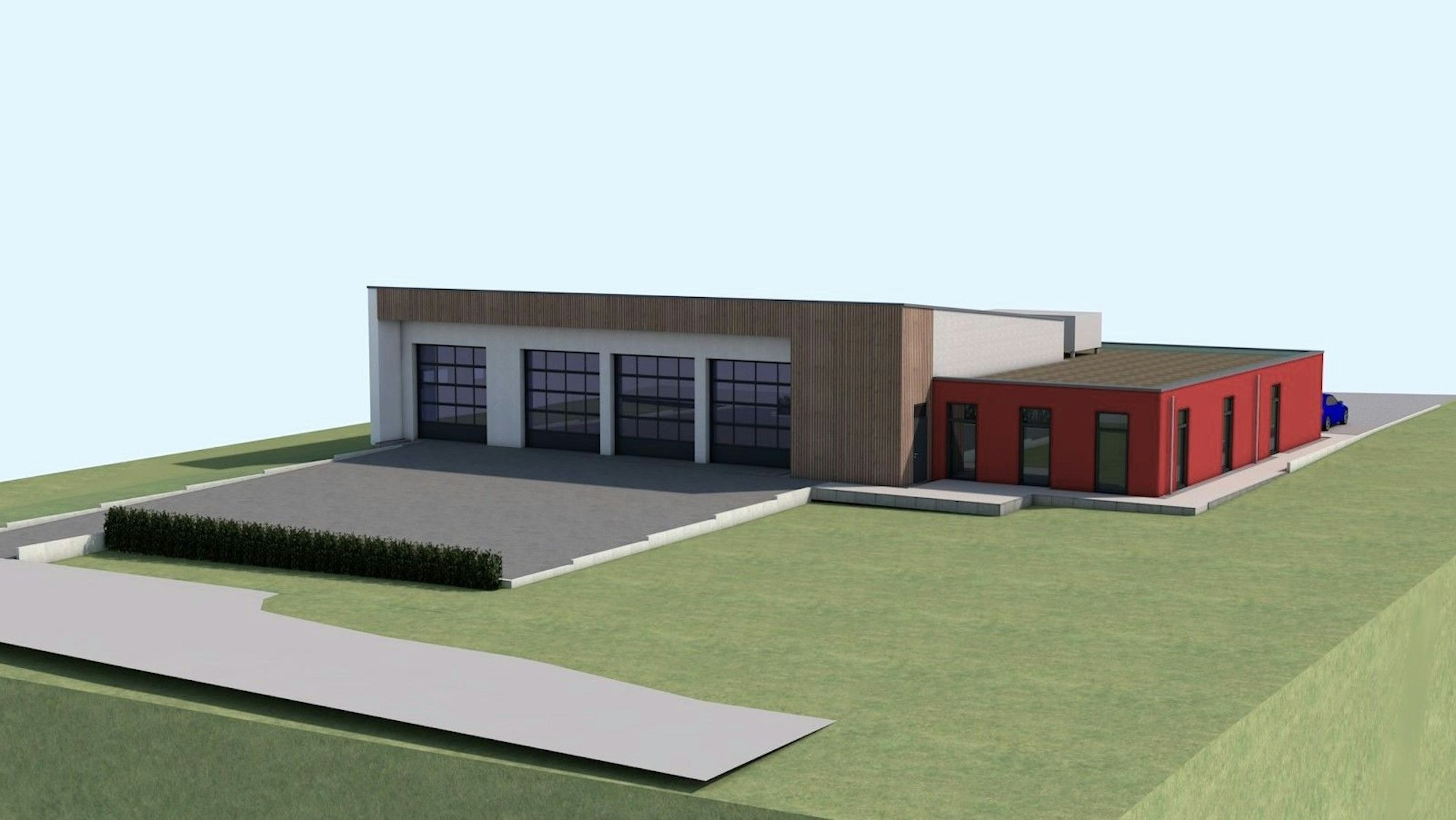 Die Visualisierung zeigt die Halle mit vier Einfahrten, daneben befindet sich der Sozialtrakt.