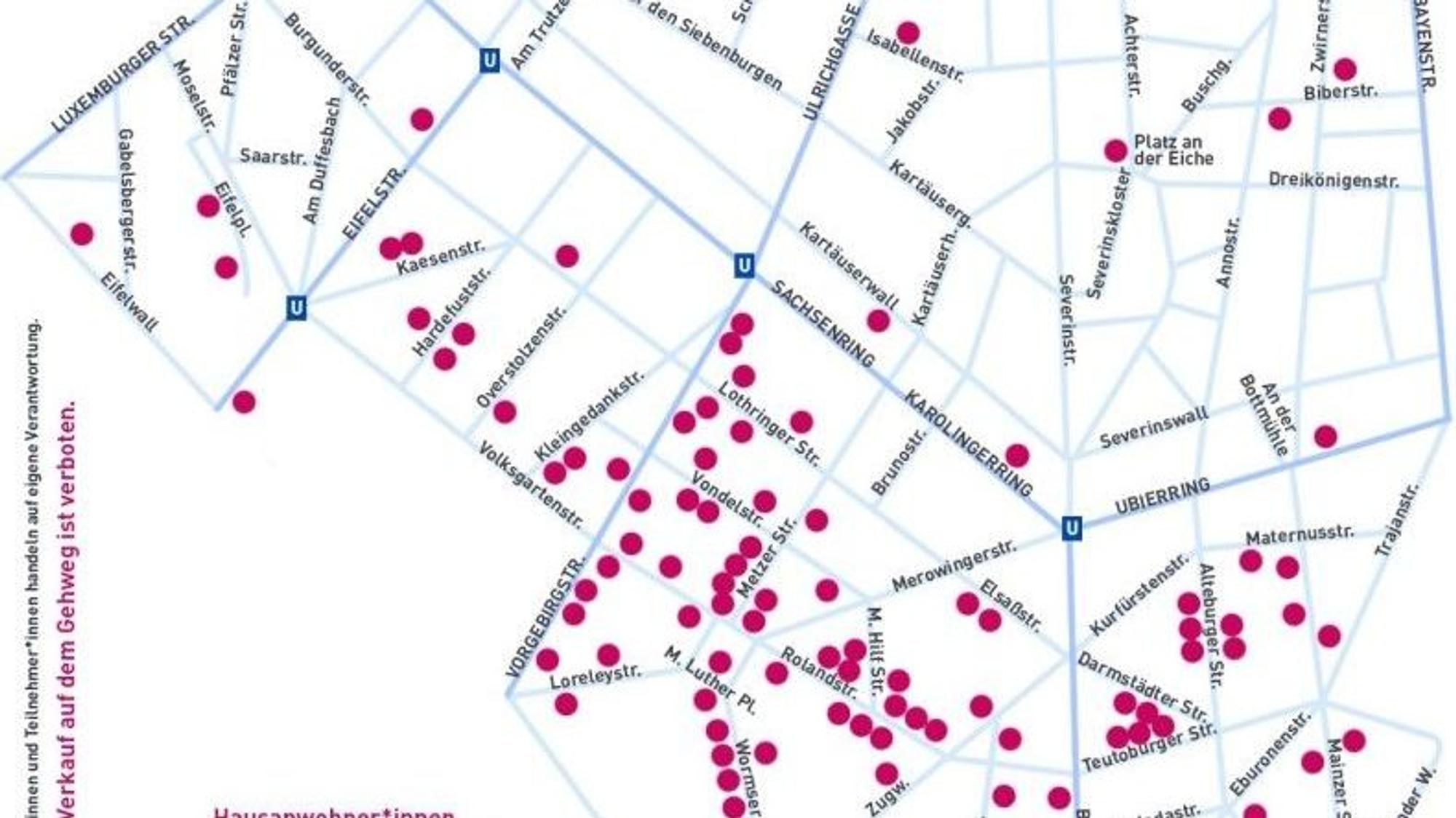 Ein Lageplan mit Straßen und roten Punkten.