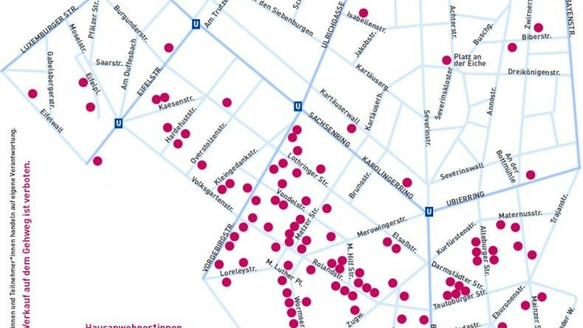 Ein Lageplan mit Straßen und roten Punkten.