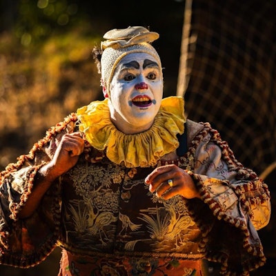 Ein Clown mit weiß geschminktem Gesicht.