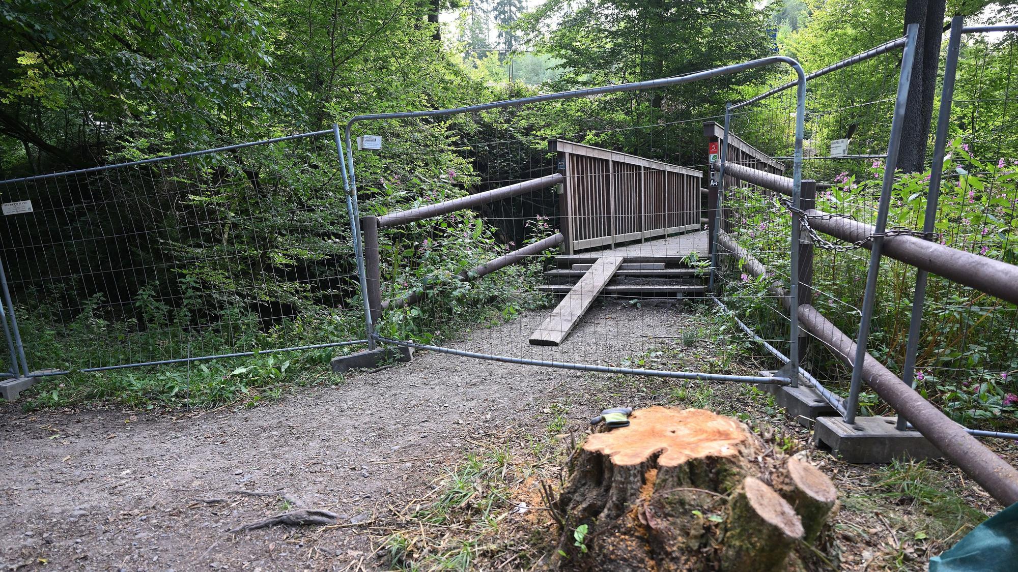 Eine hölzerne Brücke führt über einen Bach. Sie ist mit Bauzäunen abgesperrt.