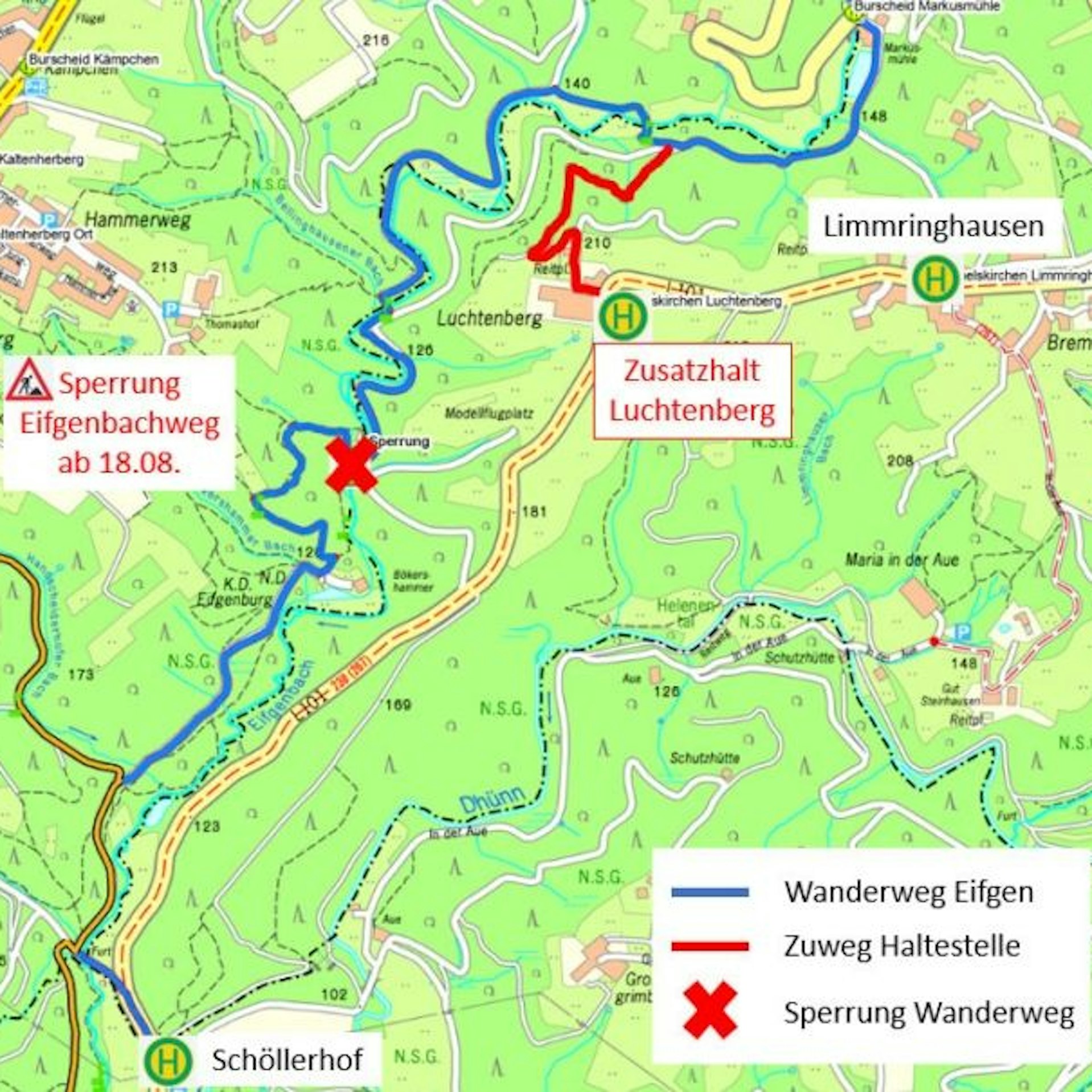 Eine Grafik zeigt den Verlauf des Eifgenbachweges und die Sperrung am Bökershammer. An der Straße ist eine Haltestelle für den Wanderbus markiert.