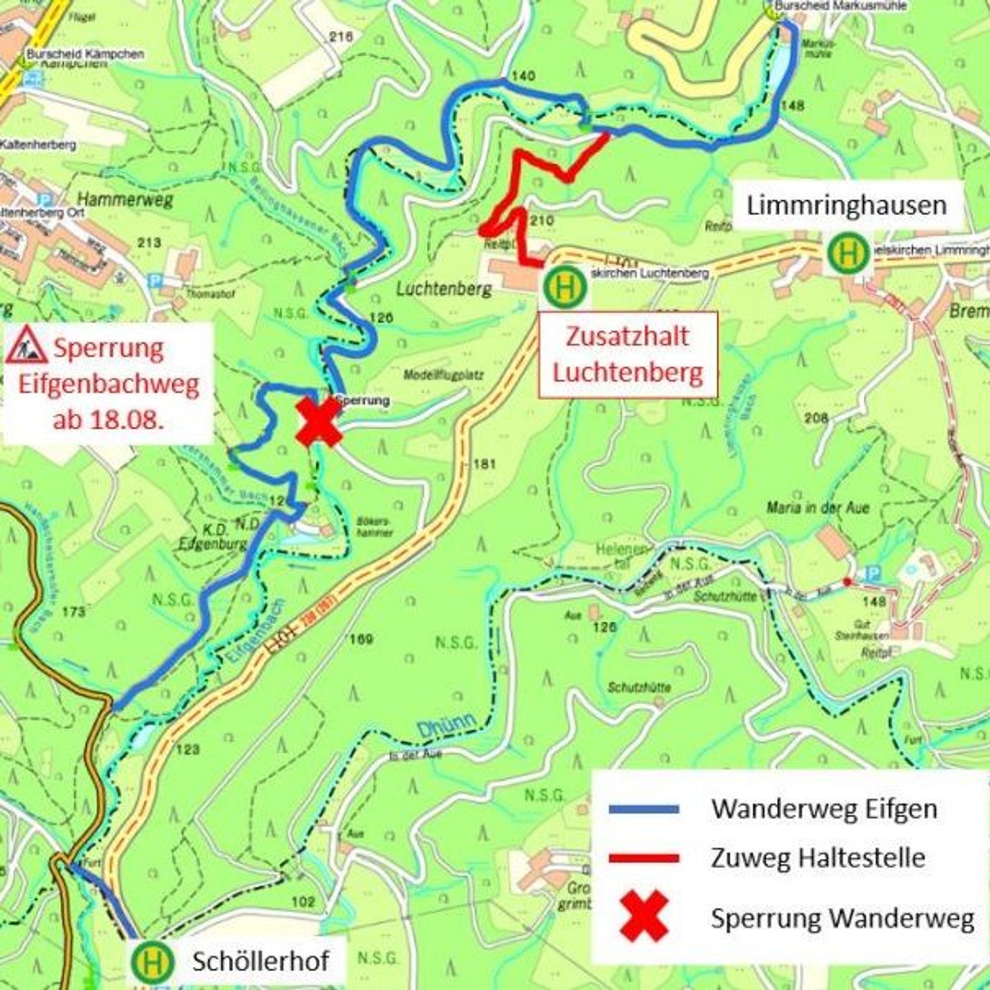 Eine Grafik zeigt den Verlauf des Eifgenbachweges und die Sperrung am Bökershammer. An der Straße ist eine Haltestelle für den Wanderbus markiert.