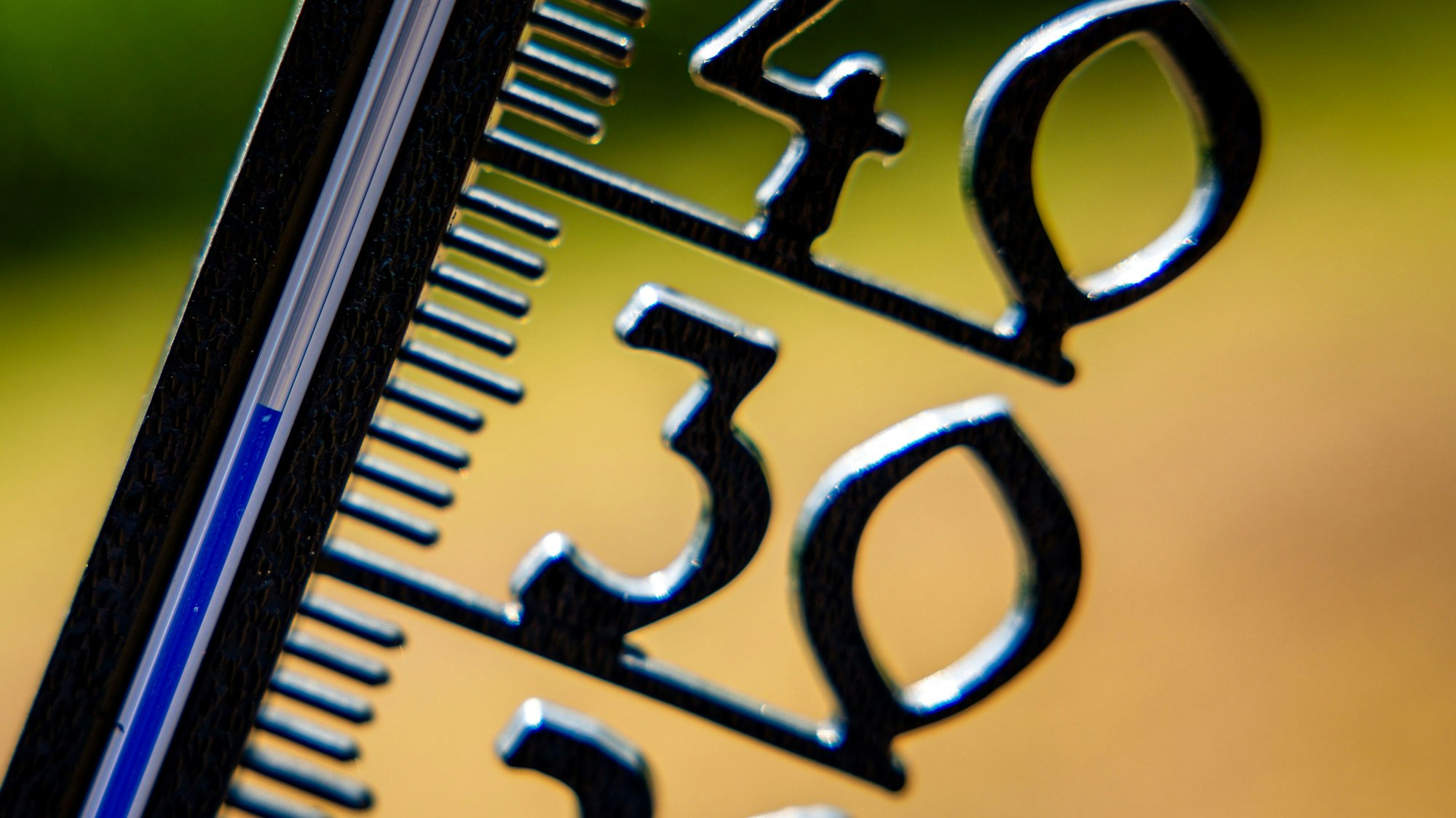 Vor einem wolkenlosen blauen Himmel zeigt ein Außenthermometer in einem Garten bereits am Vormittag über 30 Grad Lufttemperatur an. A