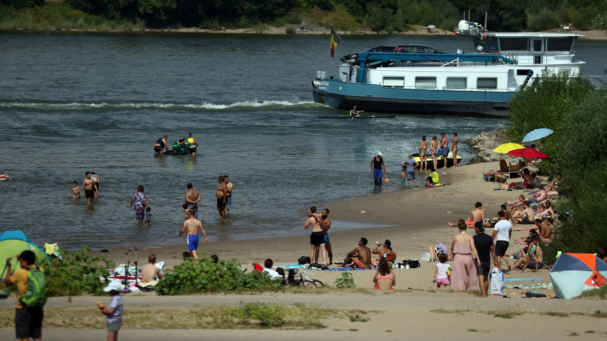 Menschen baden bei heißem Wetter im Rhein bei Köln-Rodenkirchen.