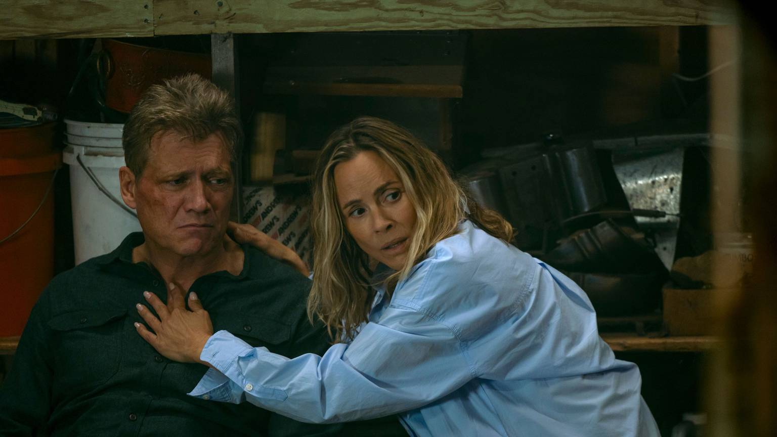 The Waterfront. (L to R) Holt McCallany as Harlan Buckley, Maria Bello as Belle Buckley in episode 104 of The Waterfront. Cr. Dana Hawley/Netflix © 2025