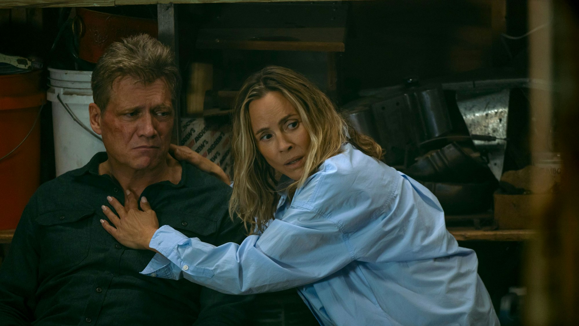The Waterfront. (L to R) Holt McCallany as Harlan Buckley, Maria Bello as Belle Buckley in episode 104 of The Waterfront. Cr. Dana Hawley/Netflix © 2025