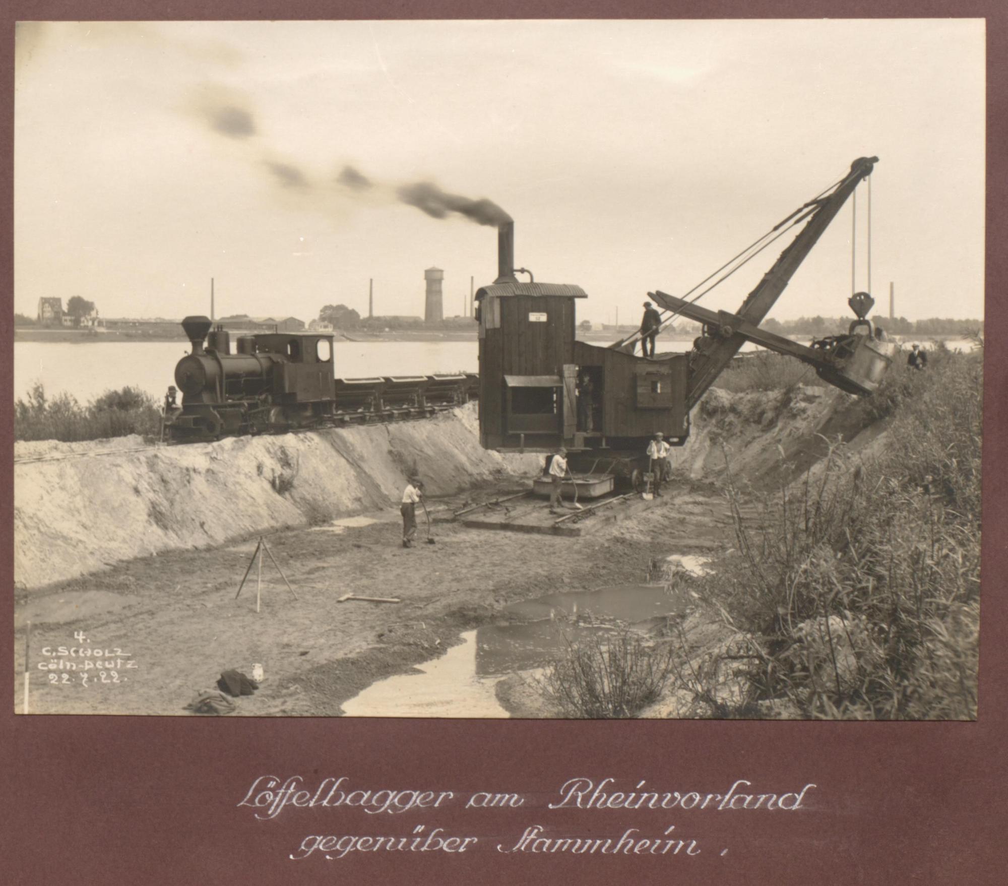 Schwarz-Weiß-Aufnahme vom Bau des Hafens in Köln Niehl aus dem Jahr 1922