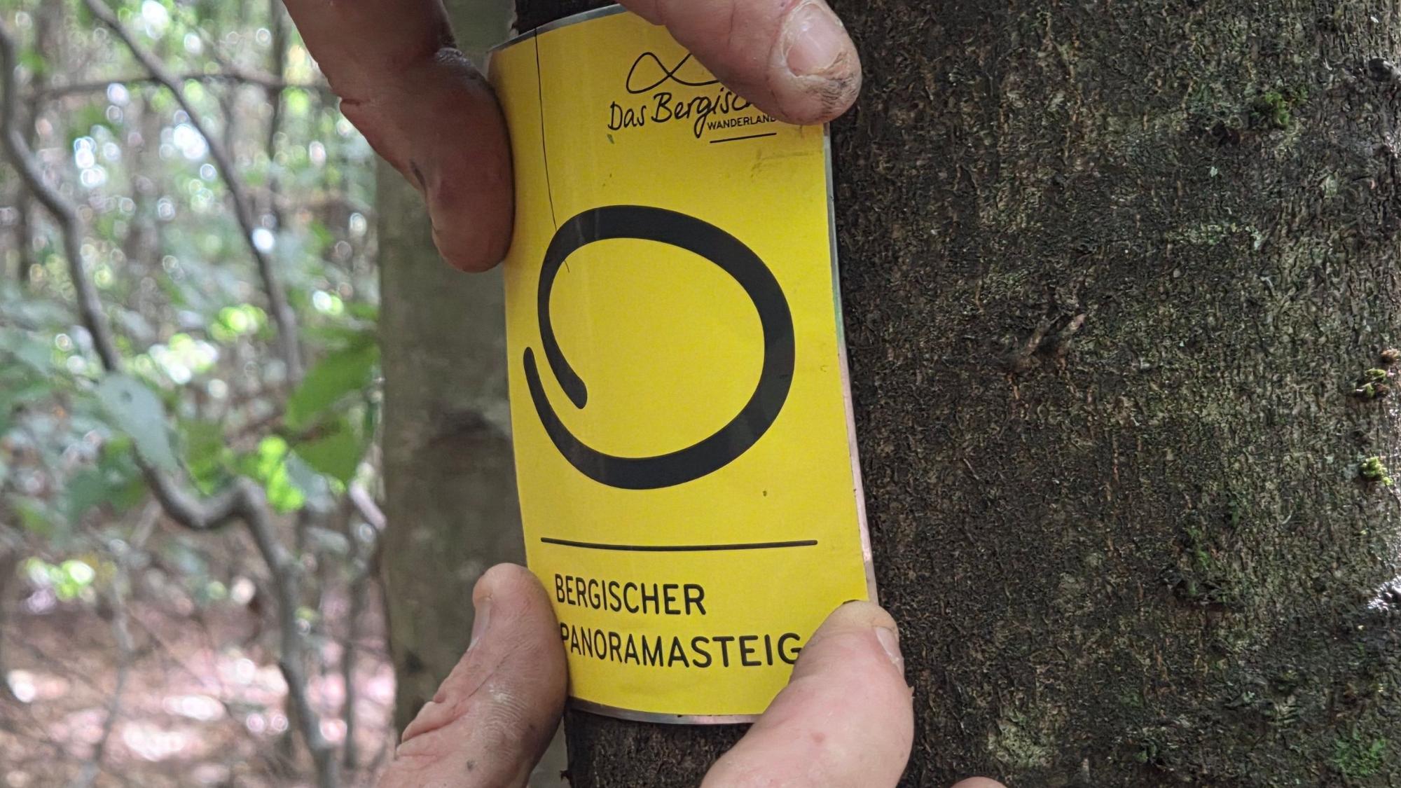 Eine schwarze Schleife auf gelbem Grund markiert den Bergischen Panoramasteig. Hier bringt Wastl Roth-Seefrid ein sogenanntes Beruhigungszeichen an.