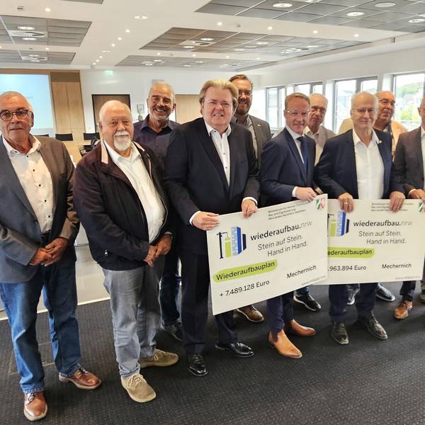 Zwölf Männer stehen nebeneinander und präsentieren zwei symbolische Förderbescheide.
