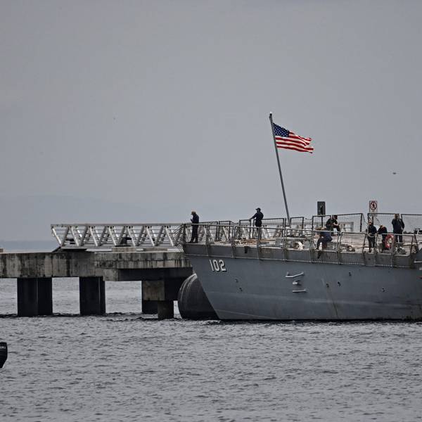 Crew members of the US Navy warship USS Sampson (DDG 102) are pictured at the Amador International Cruise Terminal in Panama City on September 02, 2025. Venezuelan President Nicolas Maduro said on September 1, 2025, that eight US military vessels with 1,200 missiles were targeting his country, which he declared to be in a state of "maximum readiness to defend" itself. (Photo by Martin BERNETTI / AFP)