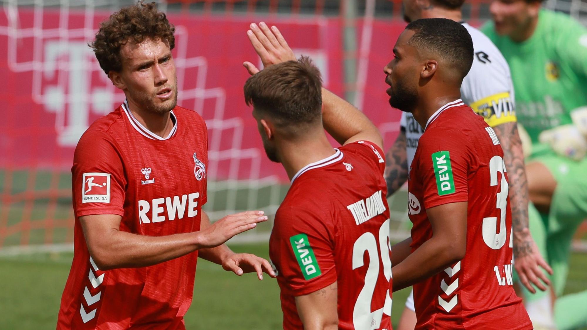 Luca Waldschmidt, Jan Thielmann, Linton Maina (1. FC Köln), 03.08.2025, Bild: Herbert Bucco