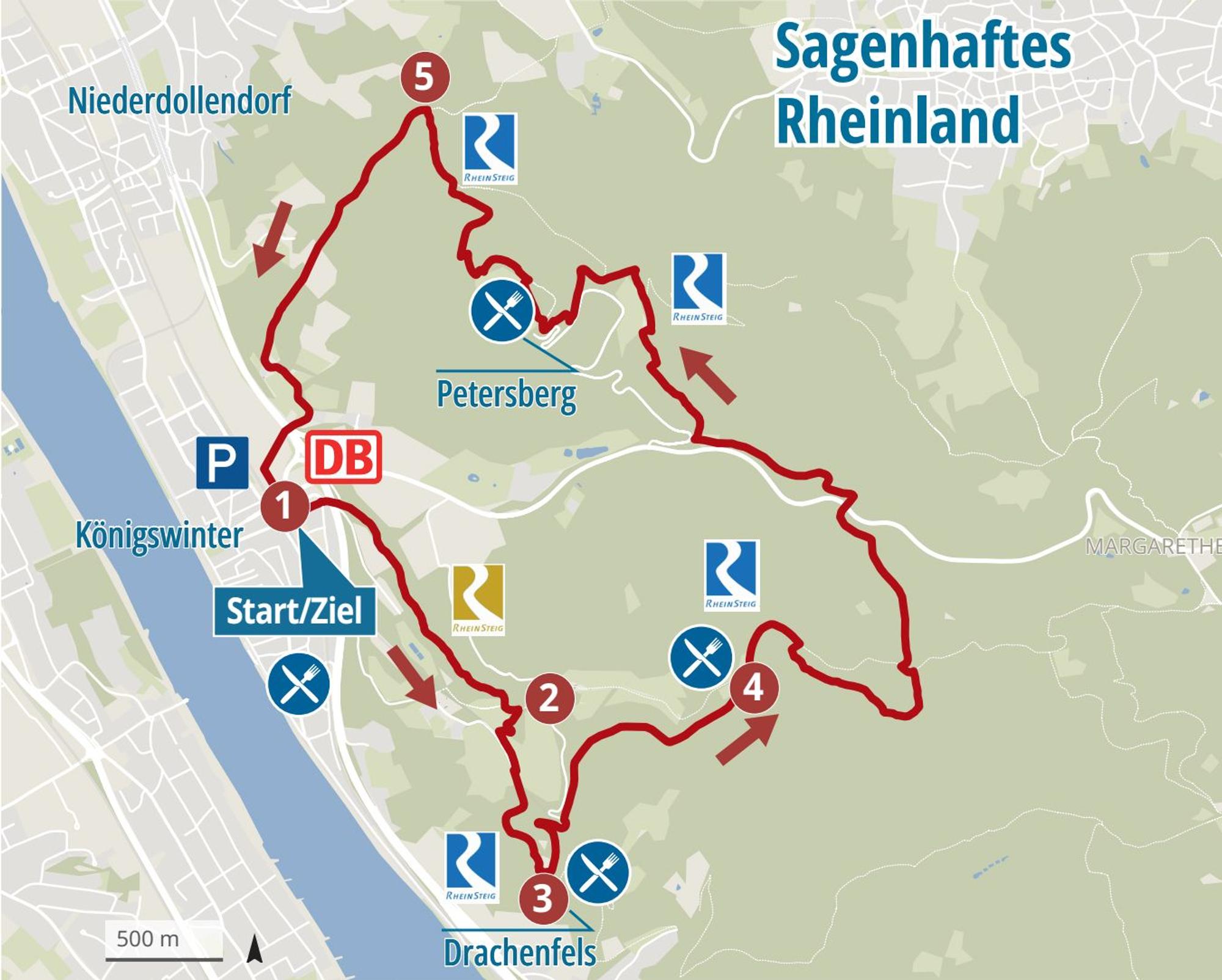 Auf einer Landkarte ist eine Wanderung eingezeichnet.