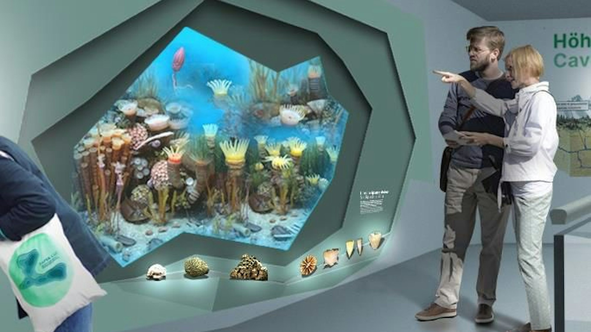 Entwürfe zum geplanten Höhlenerlebniszentrum Engelskirchen-Ründeroth des Planungsbüros Kunzberg. Die Visualisierungen zeigen Entwürfe zur Gestaltungs- und zum Farbkonzept des geplanten Ausstellungsorts.