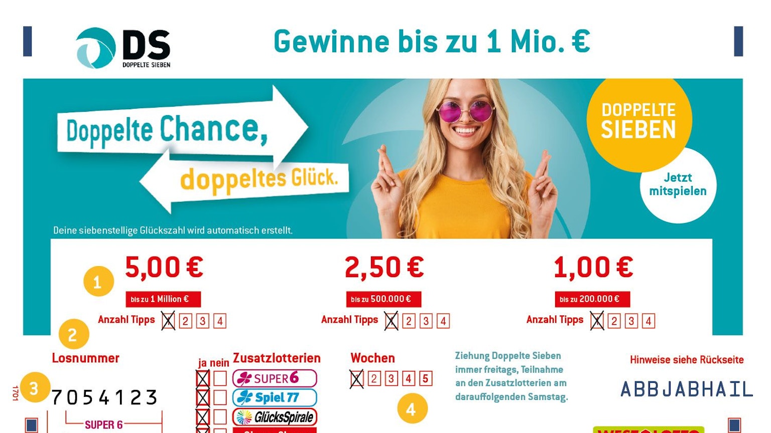 Bei der Doppelten Sieben kann die eigene siebenstellige Glückszahl von beiden Seiten mit der gezogenen Gewinnzahl übereinstimmen. Die Treffer werden von vorn und hinten addiert und ergeben dann die Gewinnklasse.