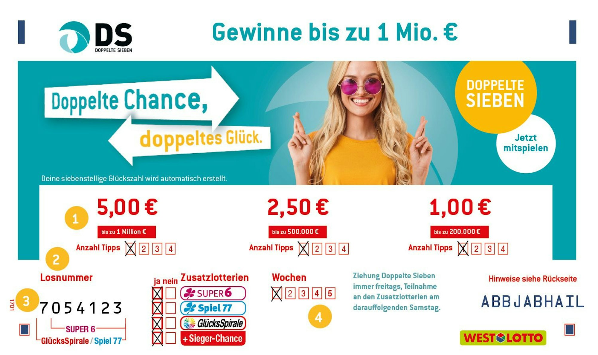 Bei der Doppelten Sieben kann die eigene siebenstellige Glückszahl von beiden Seiten mit der gezogenen Gewinnzahl übereinstimmen. Die Treffer werden von vorn und hinten addiert und ergeben dann die Gewinnklasse.