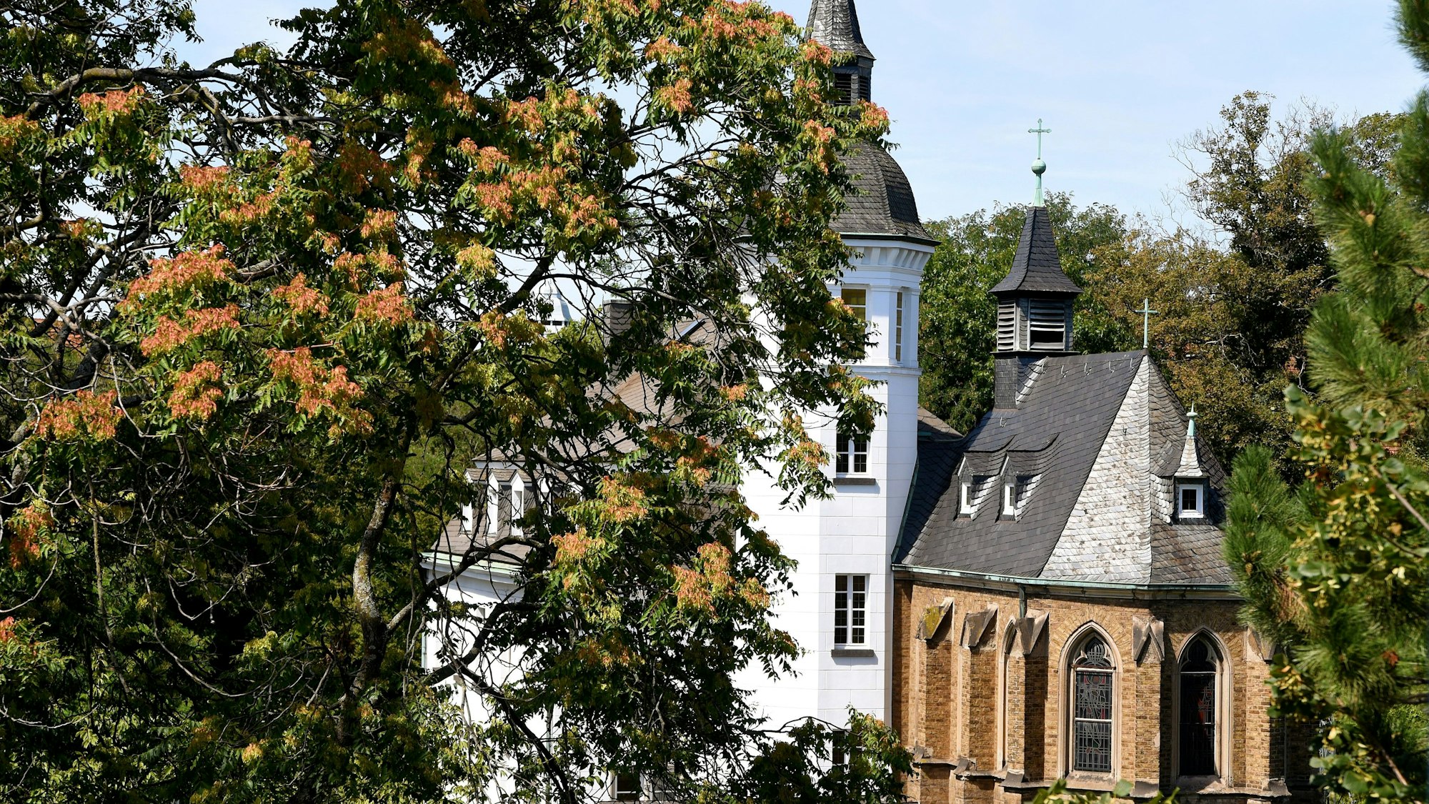 Das Kölner Wasserschloss Weißhaus vom Hildegard von Binnen Gymnasium aus aufgenommen. (Archivbild)