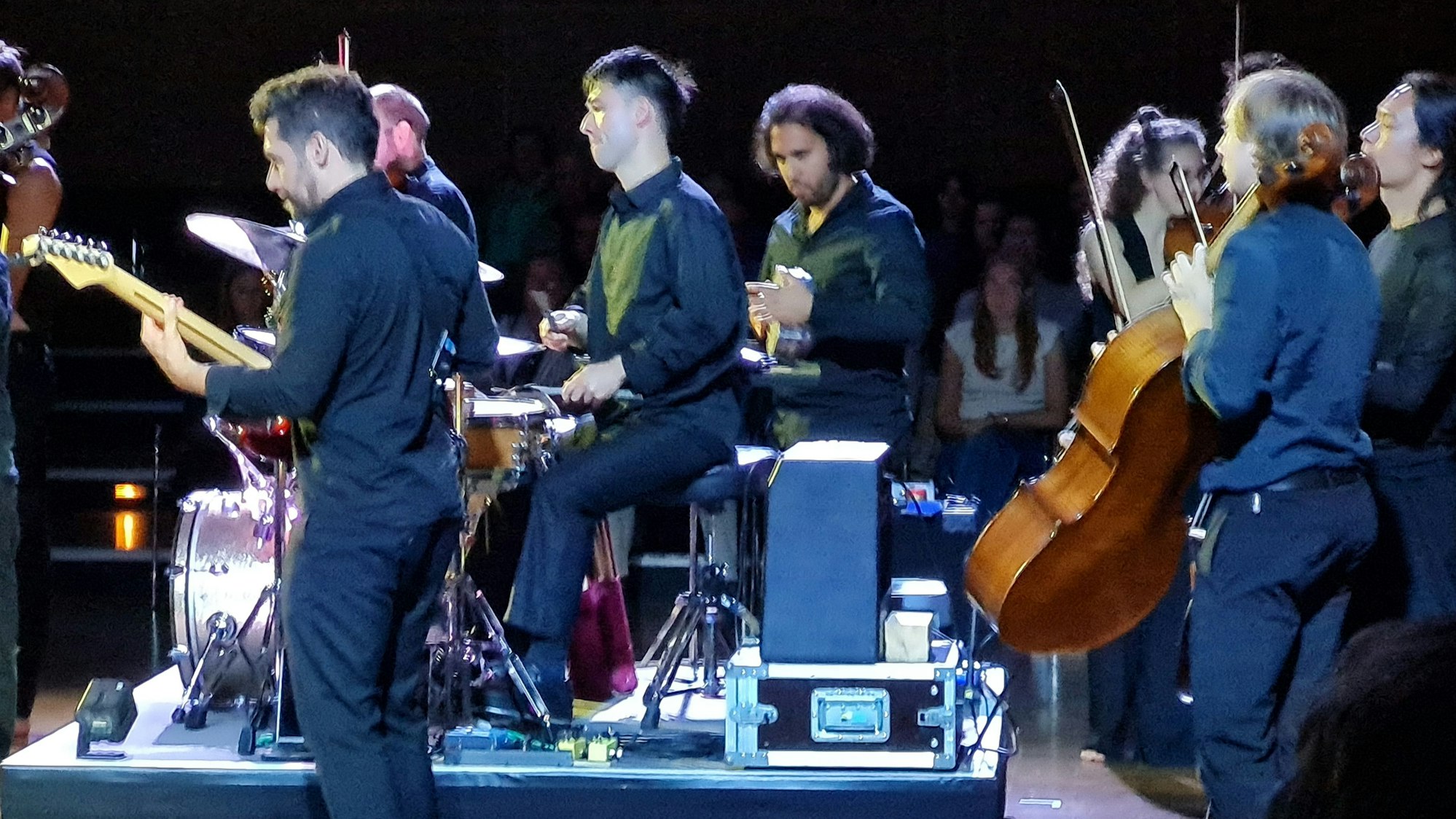 Eine Gruppe von Menschen spielt Gitarre, Schlagzeug, Cello und andere Instrumente.