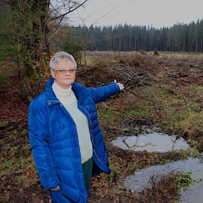 Eine Frau mit grauen Haaren in blauer Windjacke steht vor einer größeren gerodeten Fläche im Wald und deutet darauf.