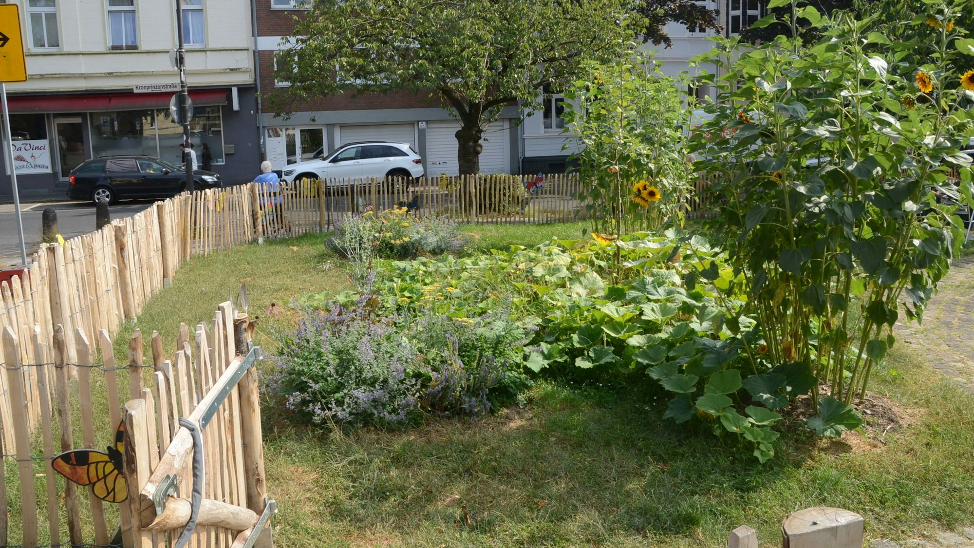 Zwischen dem evangelischen Gemeindehaus und der Johanneskirche an der Viktoriastraße entsteht ein temporärer Stadtgarten. Quartiersmanagerin Anna Swetik, Pfarrer Sebastian Schmidt, Koordinatorin Kerstin Kuffner und Mitgärtner Rofl Warnecke