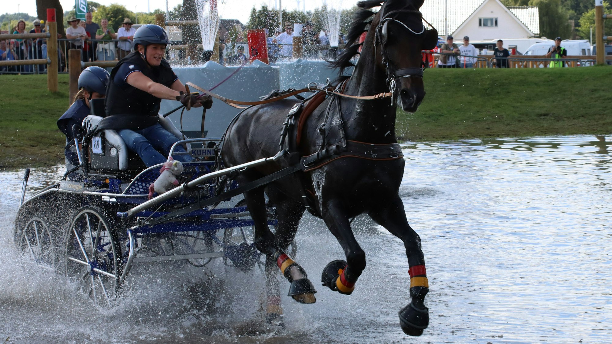 Ein Pferd galoppiert vor der Kutsche durchs Wasser, die Fahrer feuert es an.
