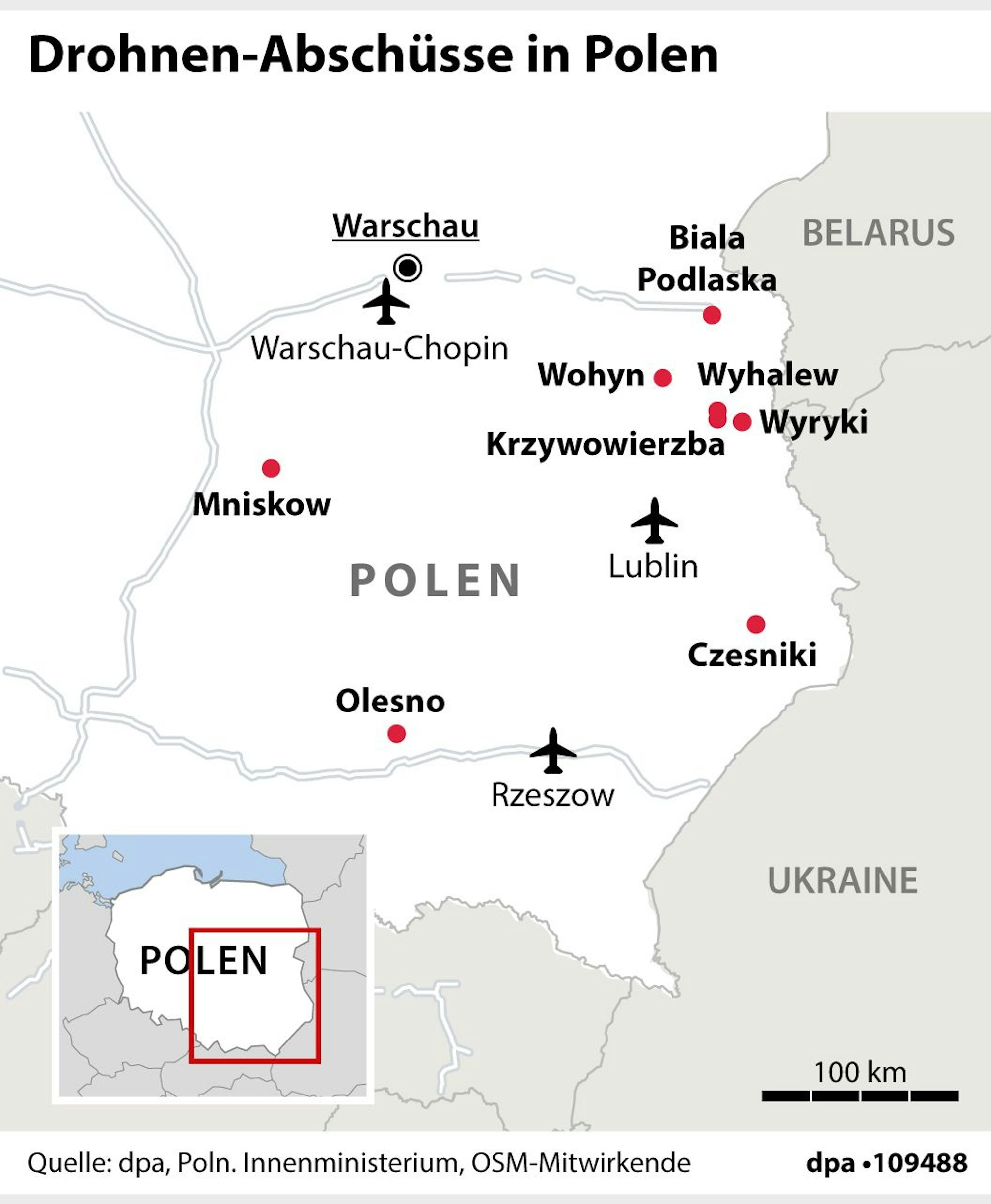 Die Grafik zeigt, wo Polen Luftabwehr russische Drohnen in seinem Luftraum abgeschossen hat.