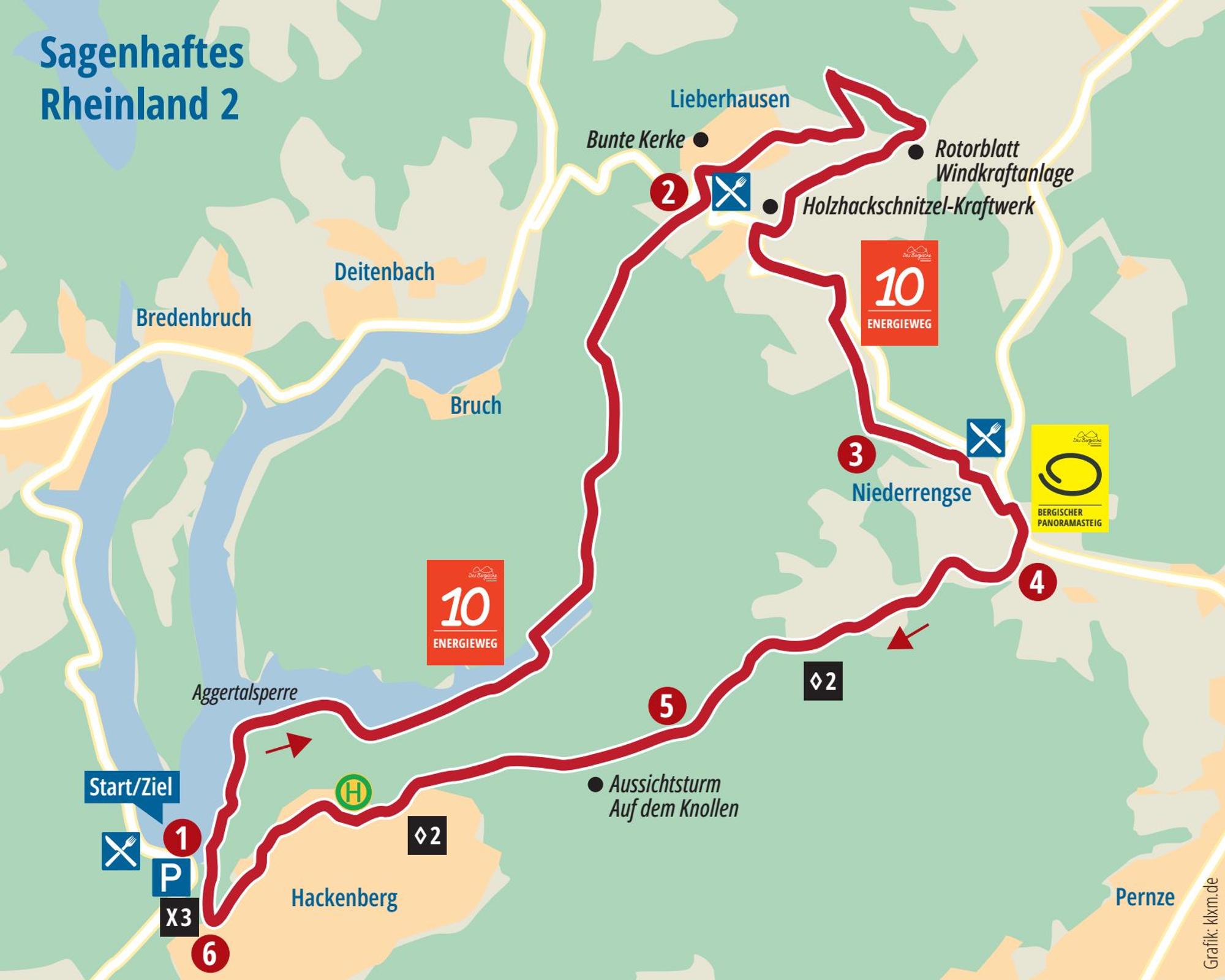 Auf einer Kerte ist eine Wanderroute mit Markierungen eingezeichnet.1
