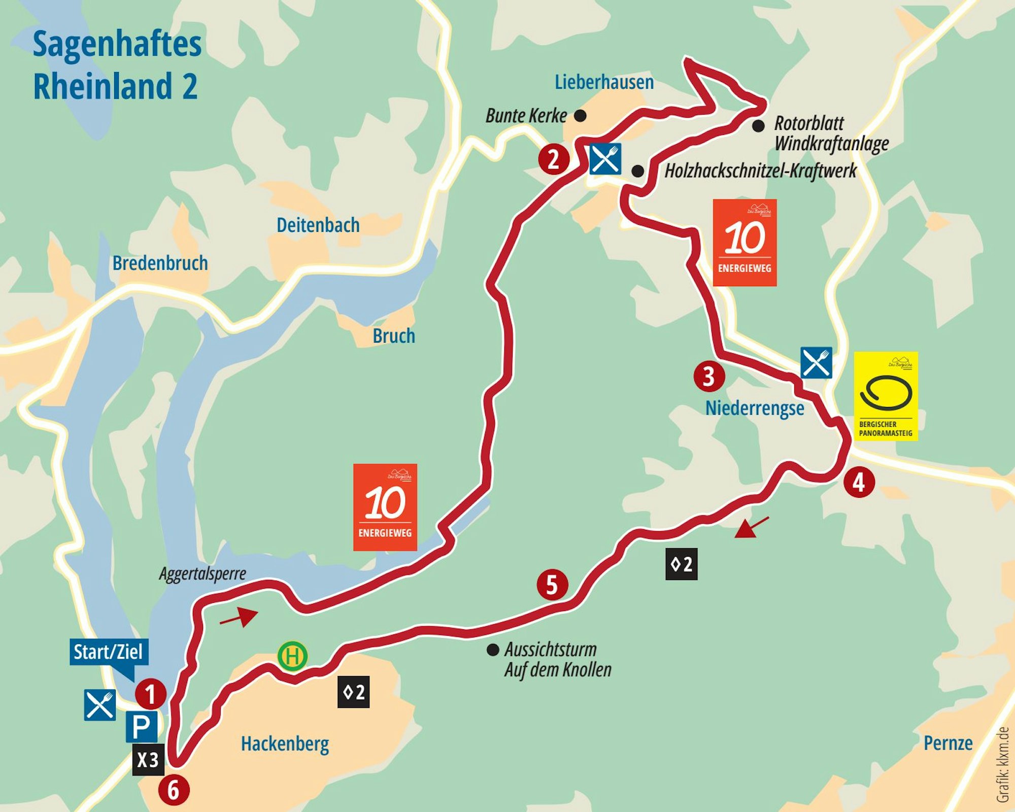 Auf einer Kerte ist eine Wanderroute mit Markierungen eingezeichnet.1