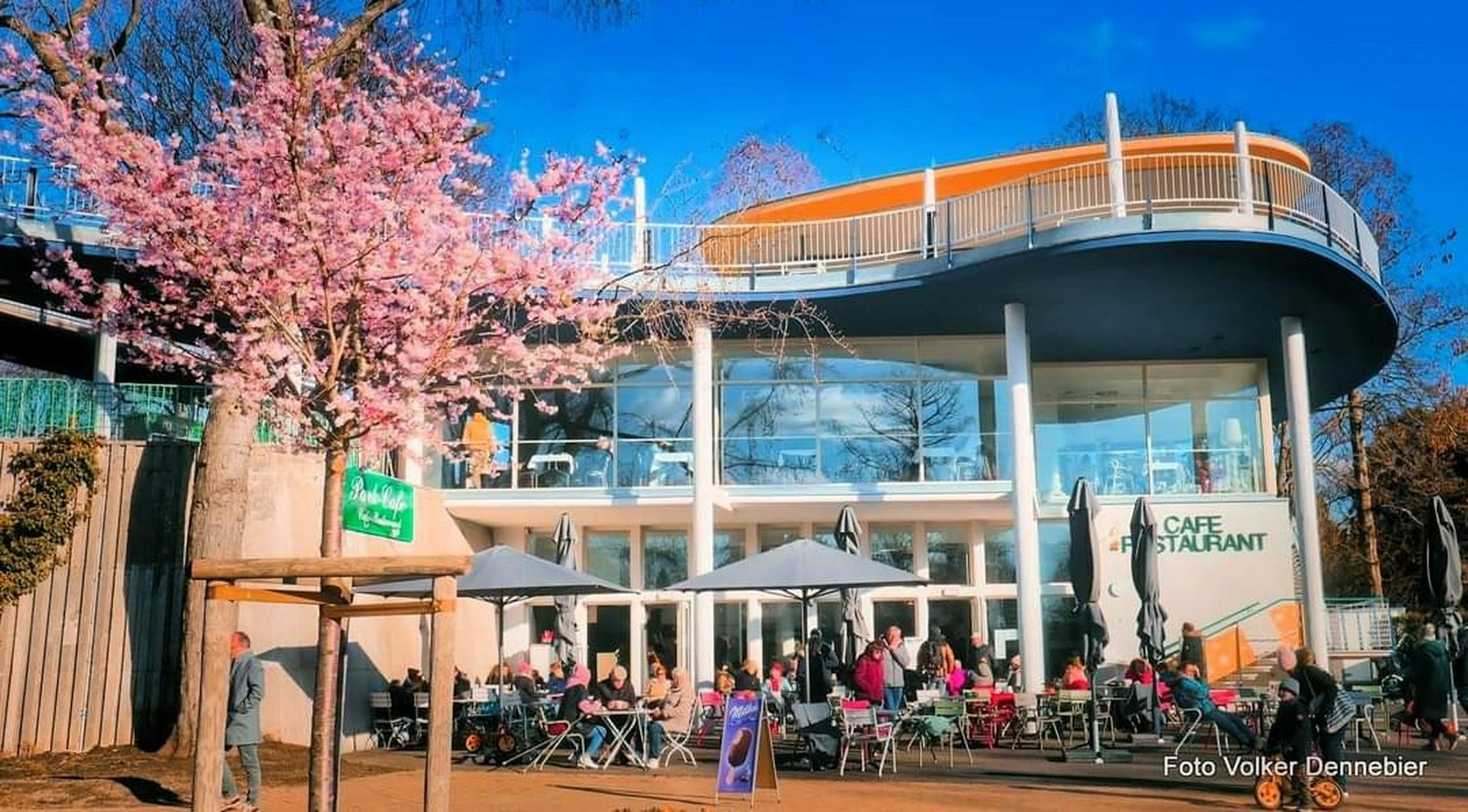 Das Park-Cafe im Deutzer Rheinpark besticht schon durch seine besondere Architektur in Nierenform.
