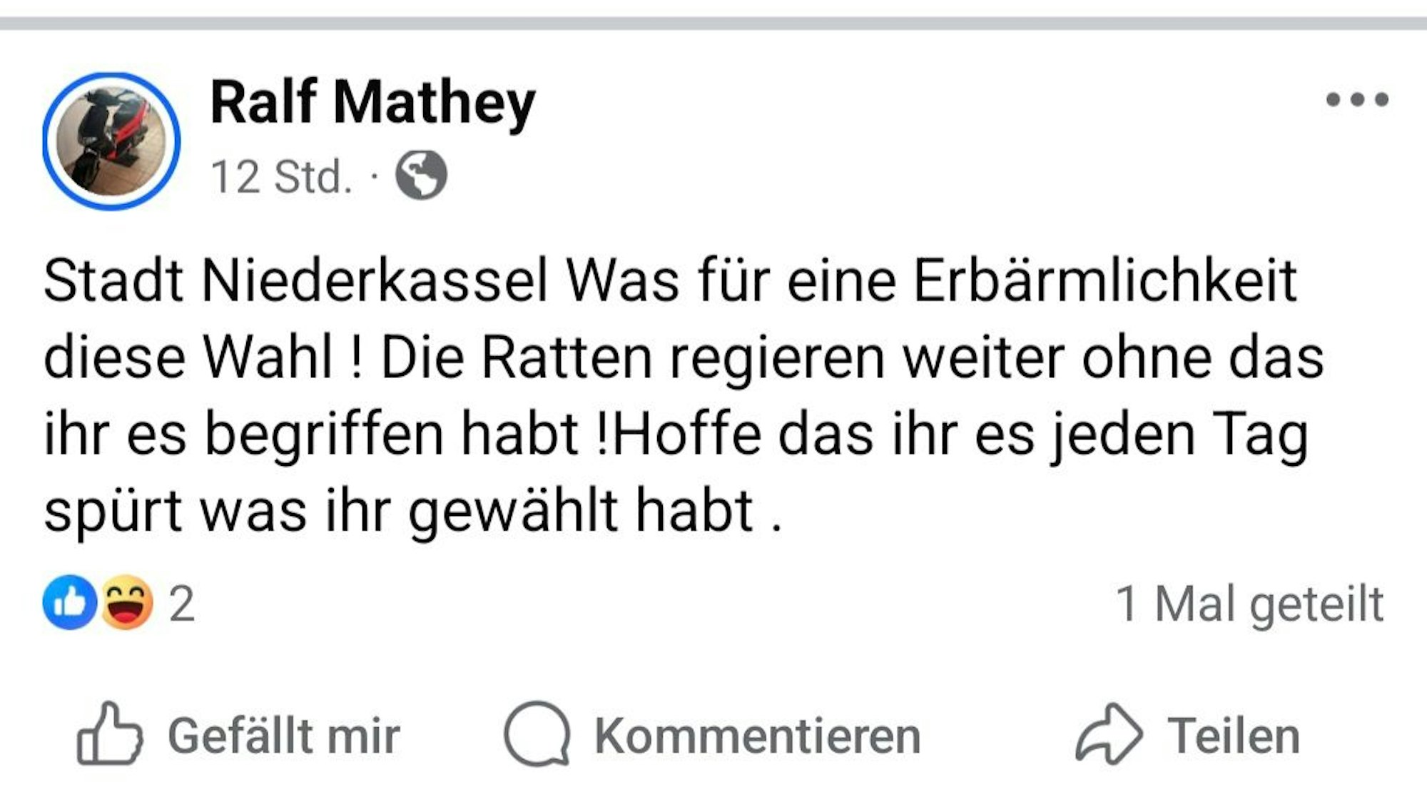Ralf Mathey, neugewählter AfD-Vertreter in Niederkasseler Rat, sorgte noch am Wahlabend mit Facebook-Posts für einen Eklat.