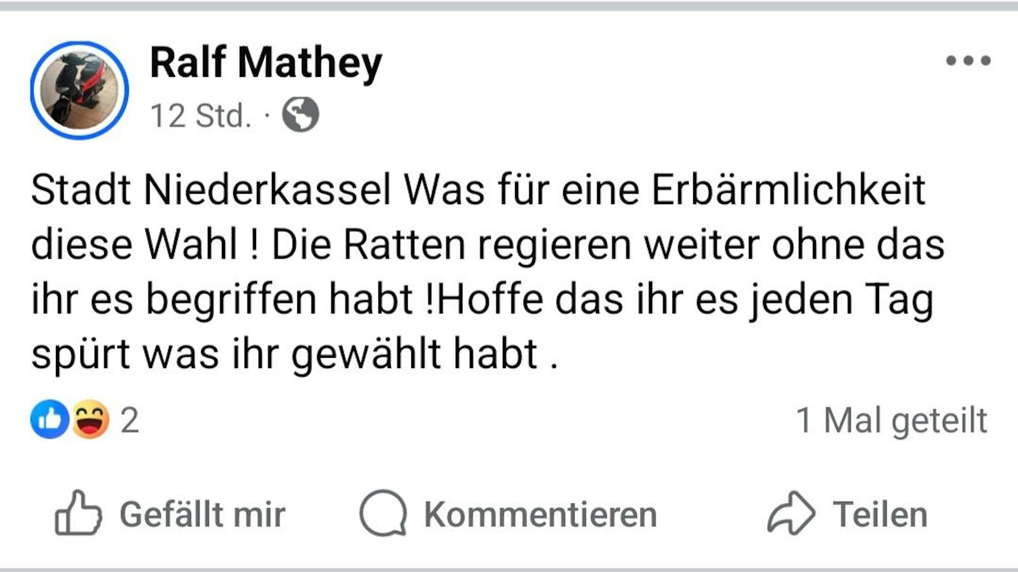 Unter anderem wegen dieses Facebook-Posts ermittelt der Staatsschutz gegen das neugewählte Niederkasseler Ratsmitglied Ralf Mathey (AfD).