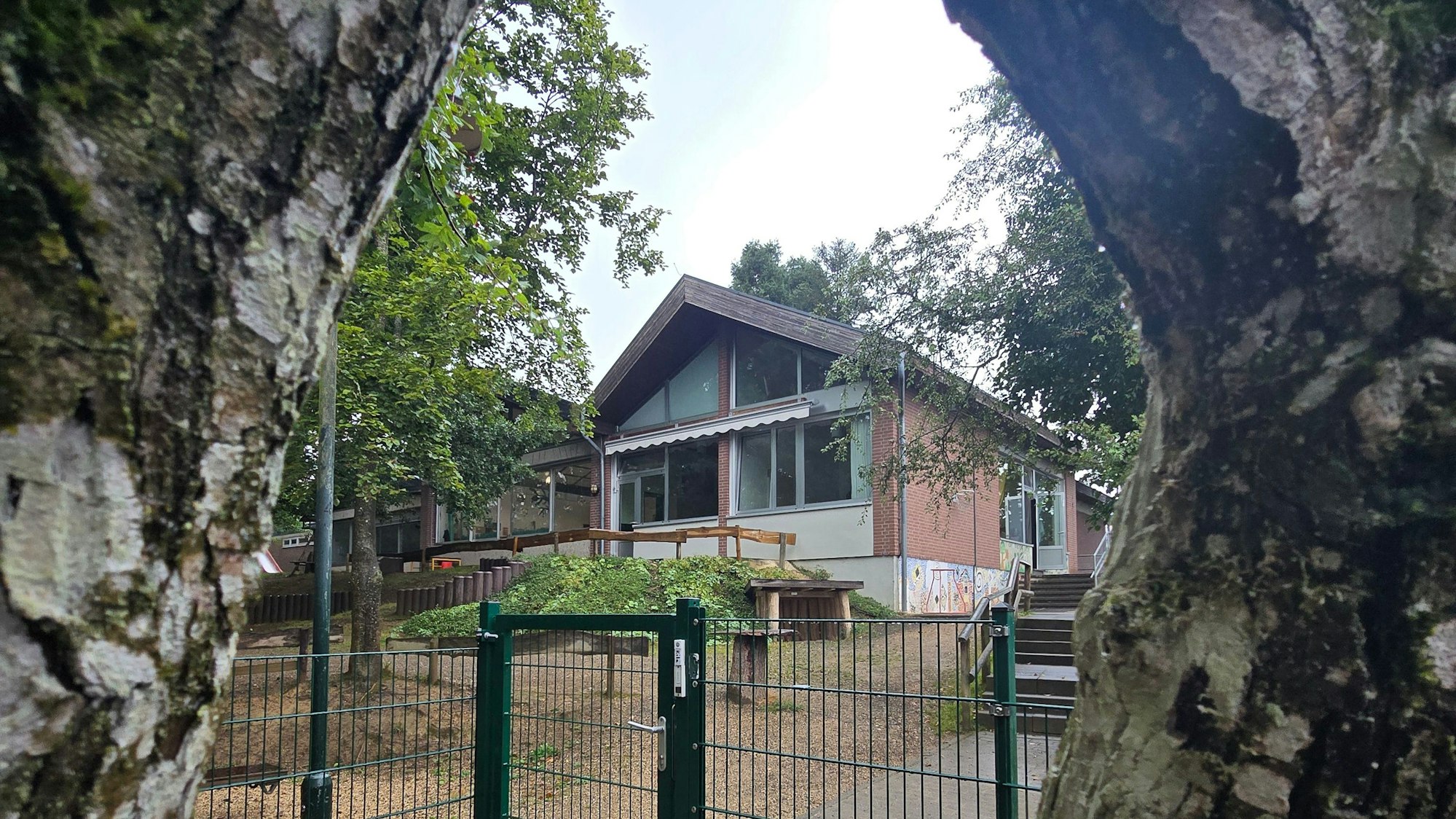 Zwischen zwei Baumstämmen hindurch ist die Kindertagesstätte Mutscheid erkennbar.