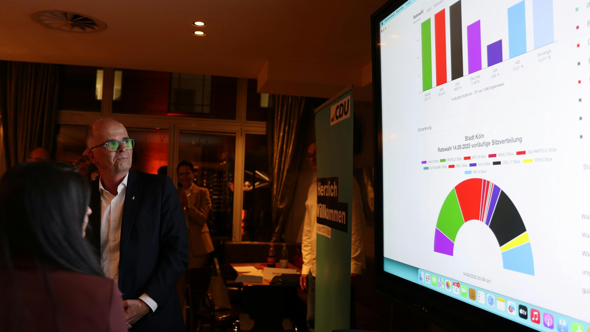 Dunkler Moment: CDU-Kandidat Markus Greitemann blickt am Wahlabend auf die Ergebnisse.