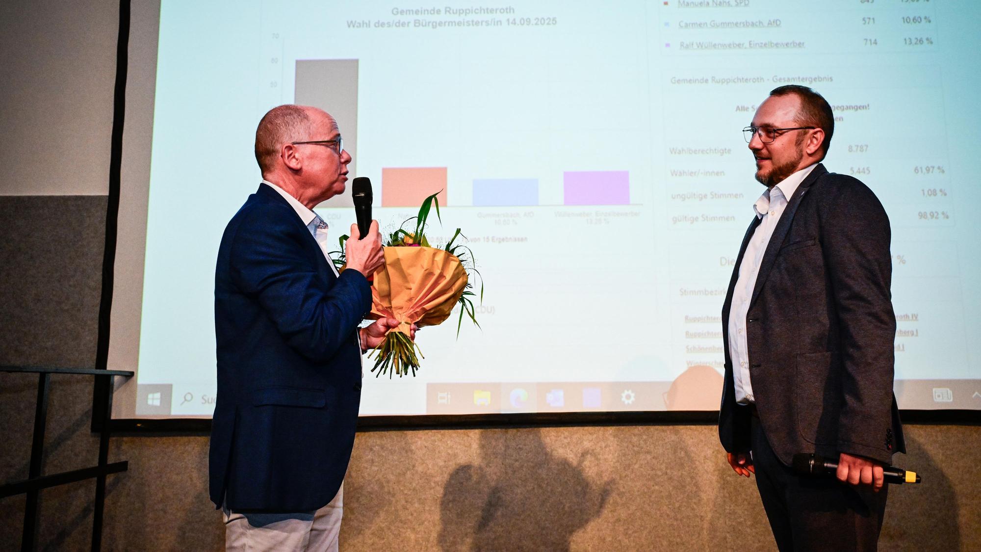 Der amtierende Bürgermeister Mario Loskill (l.) gratuliert seinem Nachfolger Matthias Jedich (CDU) in der Bröltalhalle.