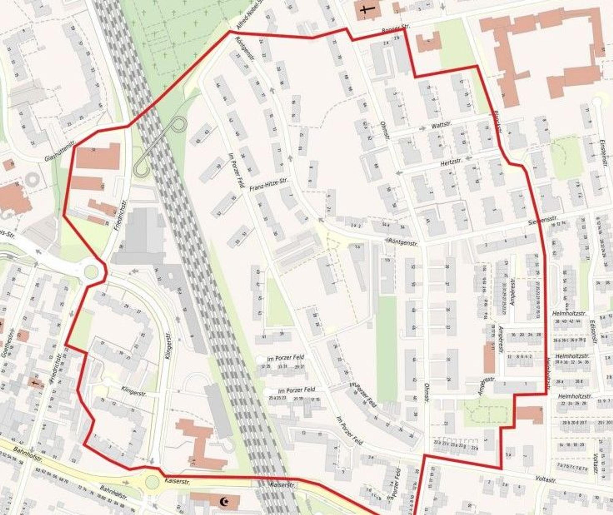 Eine Fliegerbombe ist am 18. September an der Röntgenstraße gefunden worden. Die Karte zeigt den Evakuierungsbereich in Köln-Porz.